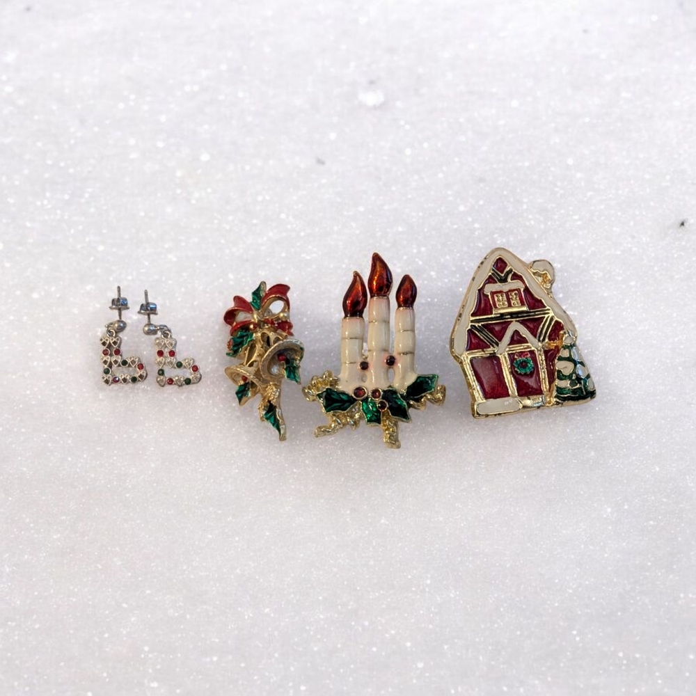 Christmas Brooch Lot, Pierced Earrings,